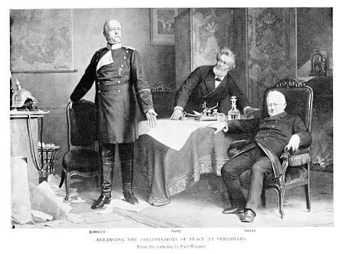 German Chancellor Otto von Bismarck, Adolphe Thiers of the Third French Republic, and French politician Jules Favre negotiate the Treaty of Versailles of 1871, ending the Franco-Prussian War. Illustration engraving published 1892. Original edition is from my own archives. Copyright has expired and is in Public Domain.