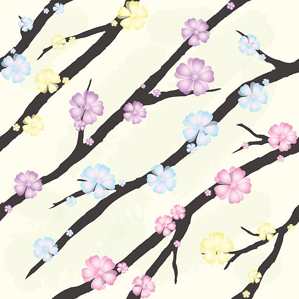 Art colorful flowers on a branch seamless background Background can be used for wallpaper, web page background, surface textures. tree repetition single flower flower stock illustrations