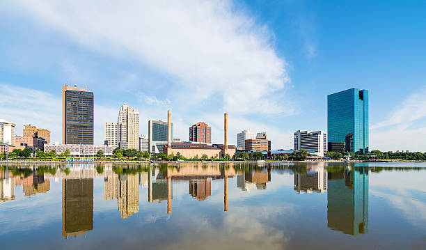 City buildings reflected on river
