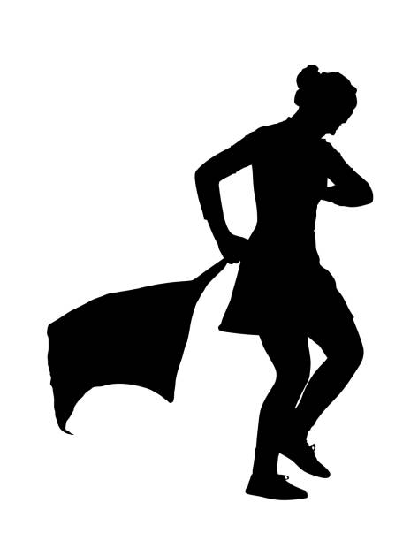 Drum Majorettes Busy with Flag Line Drum Majorette Busy with Flag Line Routine Silhouette pics of a marching band stock illustrations