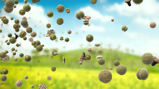 Pollen grains, which can trigger allergies, are transported through the air in a meadow in spring - 3d illustration