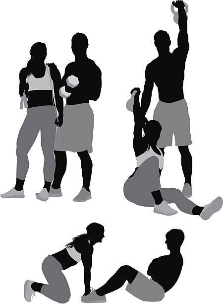 illustrazioni stock, clip art, cartoni animati e icone di tendenza di silhouette di coppia sportiva esercitando - donna profilo braccia alzate