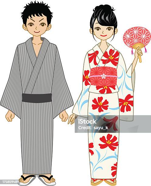 Ilustración de Japonés Yukata Pareja y más Vectores Libres de Derechos de Recortable - Recortable, Yukata, Encuadre de cuerpo entero