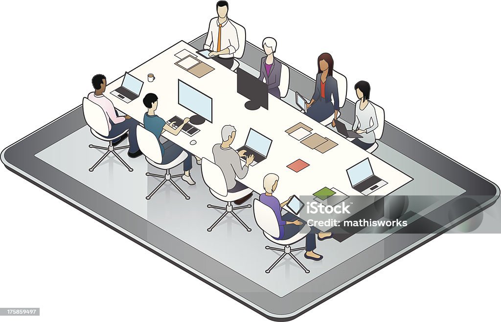 Online Meeting Illustration People meet online around a virtual conference table, envisioned over a giant-sized digital tablet. Isometric Projection stock vector