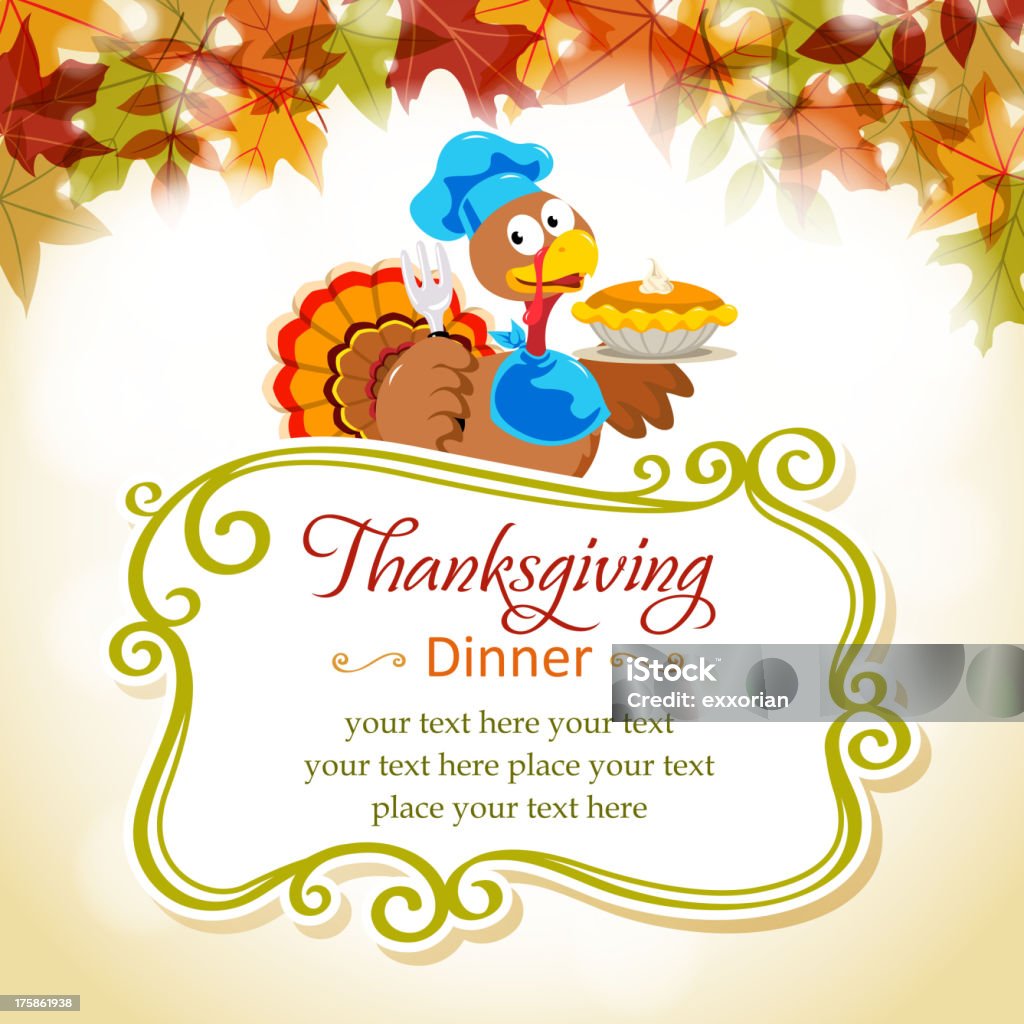 Cartoon Turkey in Thanksgiving Place Card Dinner for thanksgiving. Border - Frame stock vector