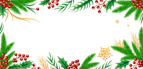 Get into the holiday spirit with this charming vector illustration, a Christmas background framed by seasonal plants with place for text.