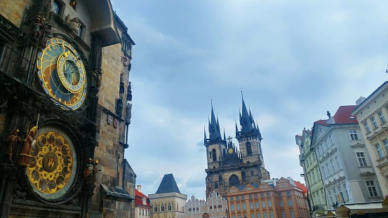 A picture of the architecture and buildings inside the famous Prague city square where the astrological clock lies in the Czech Republic