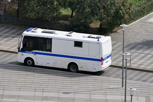 police bus on Lubyanka Square in Moscow