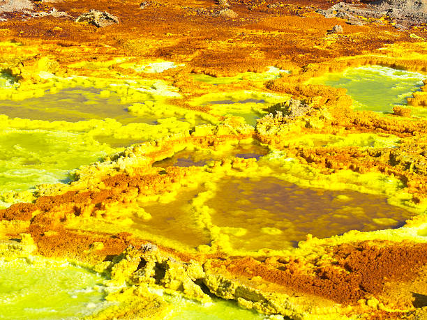 Water in Dallol Detail with water at fragile Dallol crust as part of Volcanic remains after 1926 eruption of Dallol volcano. It is like Hot Springs with geothermal and volcanic activity with characteristic white, yellow and red colours from sulphur and potassium salts coloured by various ions. It is located in the Danakil Depression with the highest average temperatures on the planet and is considered the most remote and beautiful place on Earth, North East Ethiopia near Eritrea in Africa. dallol ethiopia stock pictures, royalty-free photos & images