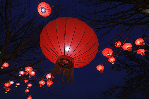 Red lanterns in the blue sky background