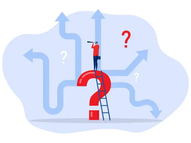 Vector illustration of Decision making concept Businessman looking binoculars on question mark about career path work direction or choose the right way to success concept