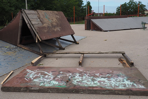 Aftermath of the hurricane July 20, 2023 Sremska Mitrovica, Serbia. Cycling and skateboarding equipment moved by a hurricane wind on a sports field. State of emergency after a catastrophic storm