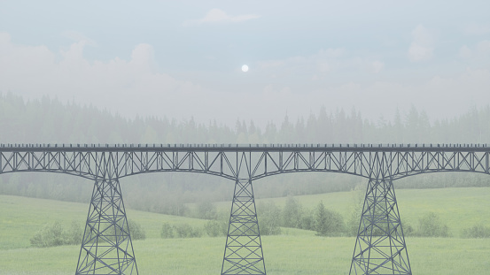 railway iron bridge side view on three supports, 3D illustration
