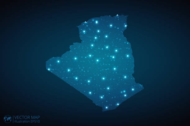 Algeria Map radial dotted pattern in futuristic style, design blue circle glowing outline made of stars. concept of communication on dark blue background Algeria Map radial dotted pattern in futuristic style, design blue circle glowing outline made of stars. concept of communication on dark blue background. Vector illustration EPS10 algeria flag silhouettes stock illustrations