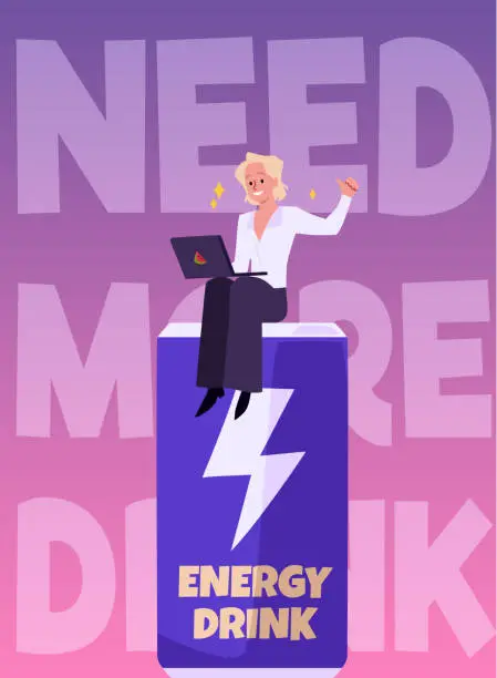 Vector illustration of Active young businesswoman with laptop is sitting on huge Energy drink can, vector full of positive power and vitality