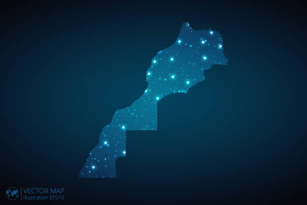 istock Morocco Map radial dotted pattern in futuristic style, design blue circle glowing outline made of stars. concept of communication on dark blue background 1758776583