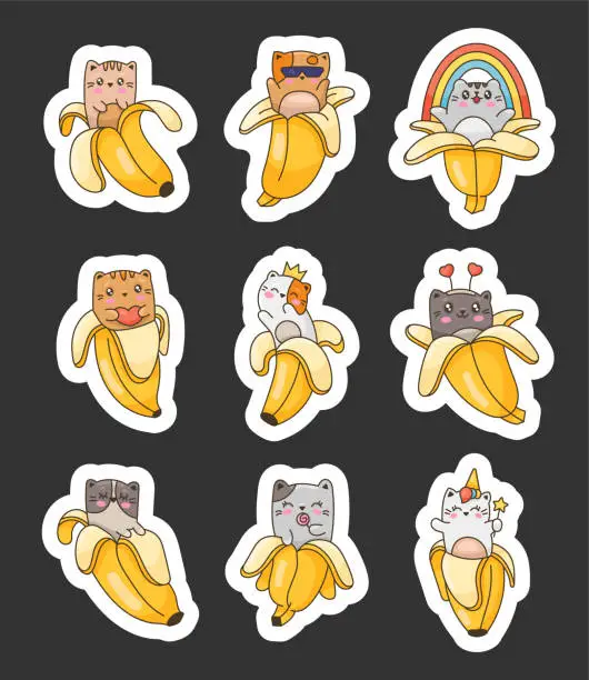 Vector illustration of Cute kawaii cat in banana. Sticker Bookmark. Funny kitten with smiley face. Hand drawn style. Vector drawing. Collection of design elements.