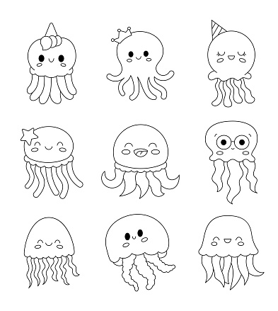 Cartoon ocean jellyfish. Coloring Page. Kawaii medusae with big eyes. Cute sea creatures and animals. Hand drawn style. Vector drawing. Collection of design elements.