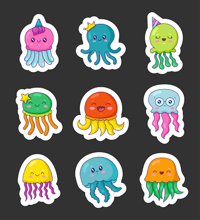 Cartoon ocean jellyfish. Sticker Bookmark. Kawaii medusae with big eyes. Cute sea creatures and animals. Hand drawn style. Vector drawing. Collection of design elements.
