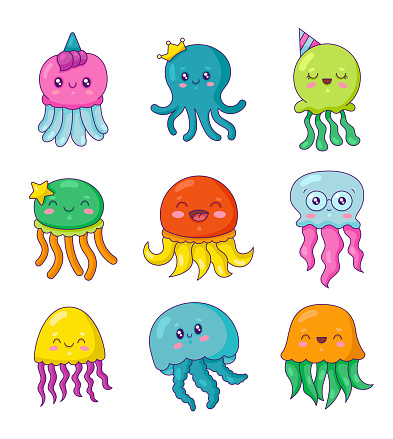 Cartoon ocean jellyfish. Kawaii medusae with big eyes. Cute sea creatures and animals. Hand drawn style. Vector drawing. Collection of design elements.