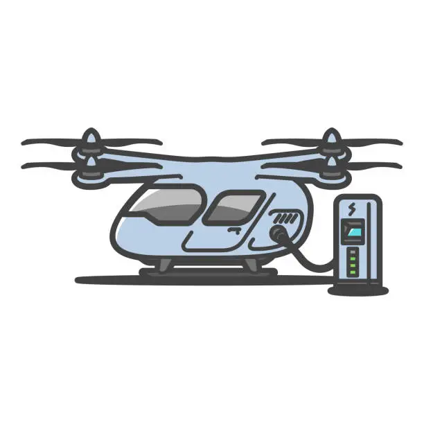 Vector illustration of EVTOL (flying car) / Multi -rotic EV Electric aircraft illustration / charging