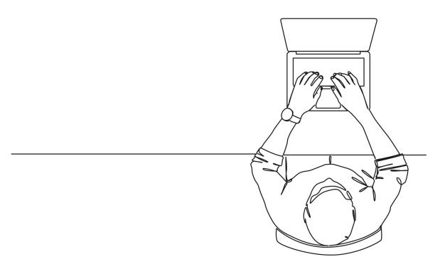 single line drawing of man sitting at desk using laptop computer continuous single line drawing of man sitting at desk using laptop computer, line art vector illustration computer programmer stock illustrations
