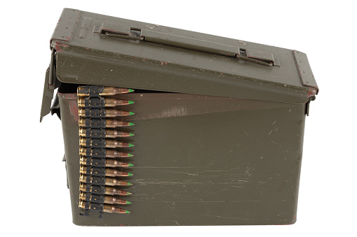 Ammunition belt with cartridges in green ammunition can