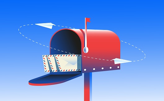 Red vintage maibox and paper airplanes flying around. Postal, news, communication concept. Vector illustration.