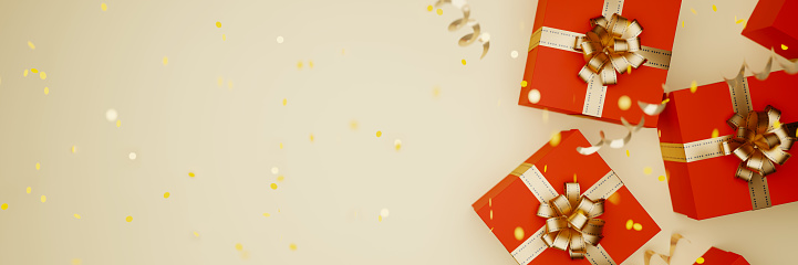 Red gift box with golden ribbon tied background, 3d rendering