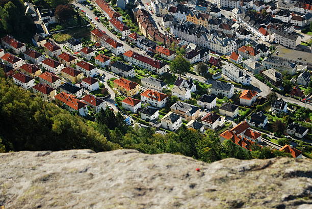 Bergen city with small cute houses view from above at the top of a mountain.