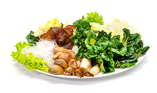 various fresh vegetables for sukiyaki on white background