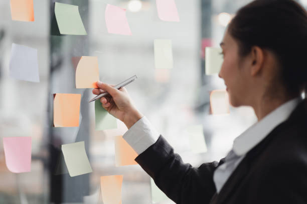 istock Businesswoman writing notes about teamwork decisions for project plan, tasks, or ideas on sticky notes in startup workplace. 1758844744