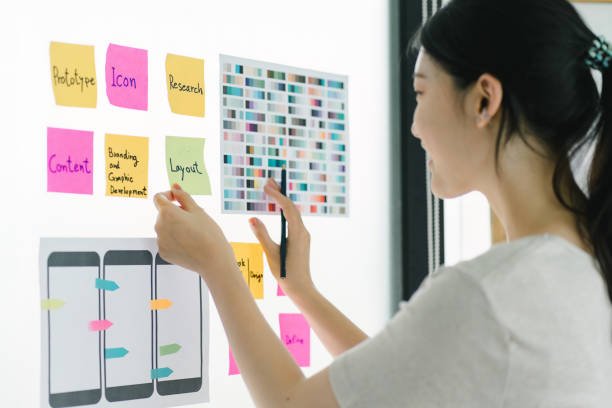 istock Creative UX UI designer working on screens for mobile responsive website development, focusing on UI UX. Developing wireframe sketch layout designs on a smartphone screen. 1758844820