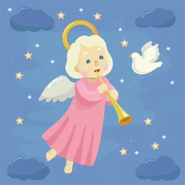 Vector illustration of New Year's Christmas greeting vector card with the little flying angel with flute in a night stars sky