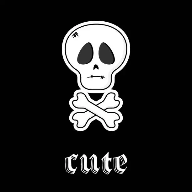 Vector illustration of Skull and crossbones. Inscription Cute. Gothic aesthetic in y2k, 90s, 00s and 2000s style. Emo Goth tattoo sticker on black background. Vector art illustration