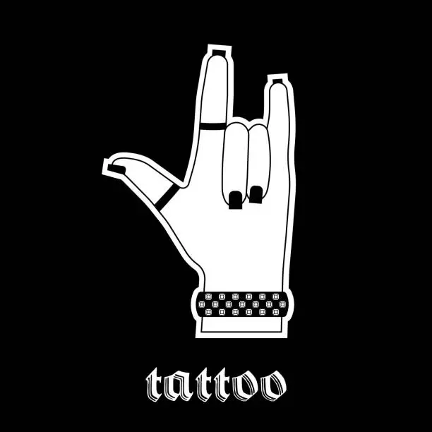 Vector illustration of Girl's hand with curved fingers, bracelet, black manicure. Inscription Tattoo. Gothic aesthetic in y2k, 90s, 00s and 2000s style. Emo Goth tattoo sticker on black background. Vector art illustration