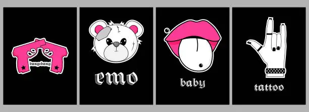 Vector illustration of Set of card with Teddy Bear, Lips, Guns, Hand. Banner, poster in y2k, 90s, 00s and 2000s style. Emo Goth flyer in black white pink colors. Vector art illustration