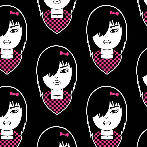 Vector illustration of Seamless pattern with Emo girl with bandana and bow with side bangs. Black Emo Goth background. Gothic aesthetic in y2k, 90s, 00s and 2000s style. Vector art illustration