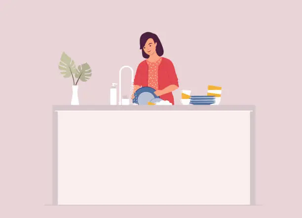 Vector illustration of Woman Standing At Kitchen Sink Washing Dishes At Home.