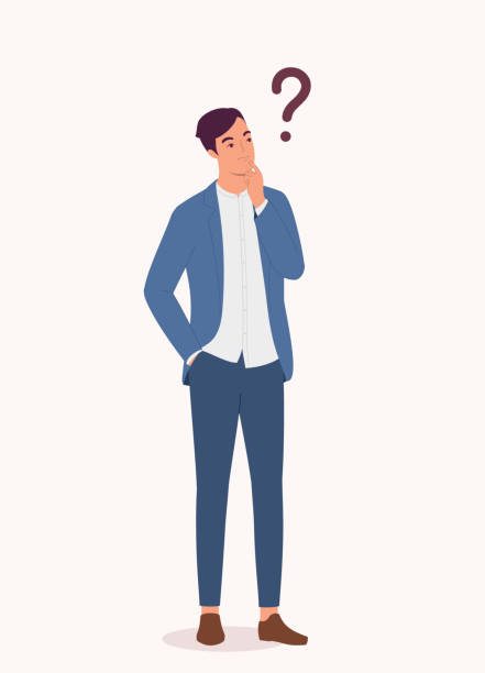 Businessman Thinking Question. One Curious Businessman Standing And Thinking Question With His Hand On Chin. Isolated On Color Background. worried man standing stock illustrations