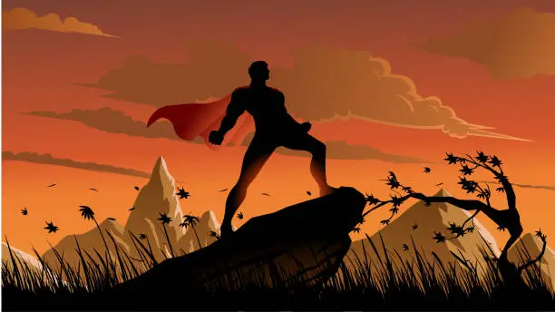 Vector illustration of Vector Superhero in Powerful Pose Silhouette in a Prairie Stock Illustration