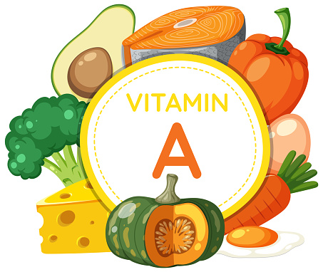 Colorful vector illustration showcasing a variety of fruits and vegetables rich in vitamin A