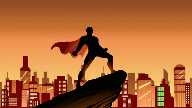 Vector illustration of Vector Superhero Strong Pose Silhouette in a City Stock Illustration