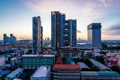 Aerial view of Bangkok city skyline in business area. Travel destination in Thailand