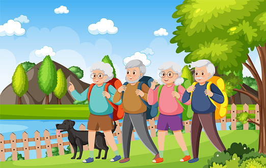 Group of elderly friends hiking and having fun in nature