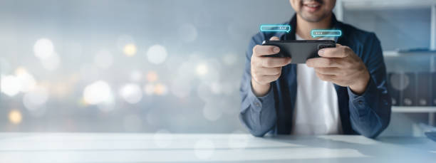 istock Person typing messages, business people typing messages via online messaging app, sending data and chatting via wireless internet network. The concept of using wireless technology in communication. 1758953972