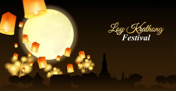 Vector illustration of Loy Kratong thailand festival .Design with moon, lantern and river on night background .vector.