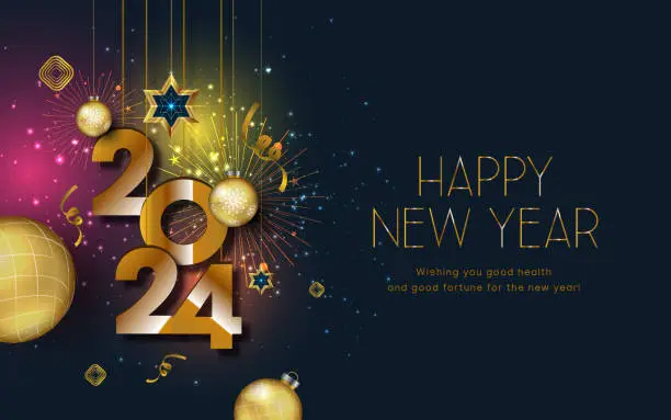 Vector illustration of Happy New 2024 Year. Hanging White numbers 2024 with shining snowflake