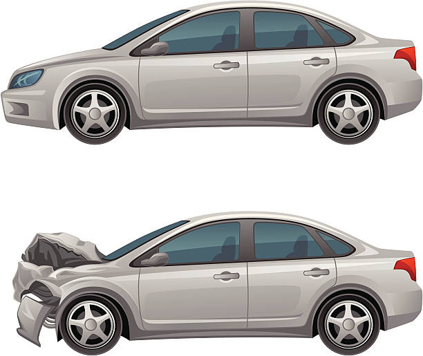 Before and after pictures of the cars damages Smashed car on a white background broken car stock illustrations