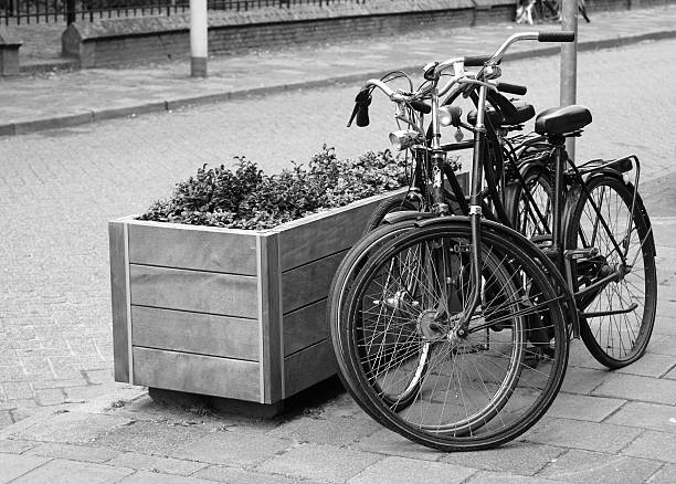 istock Two parked bicycles on the street in Black and White 175898557